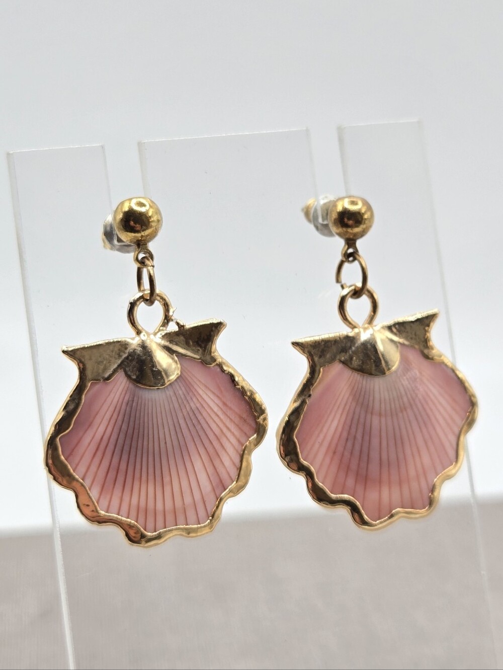 Gold Pink Shell Earrings Gold-Tone Dangles Mermaid Tropical Vacation REAL SHELLS